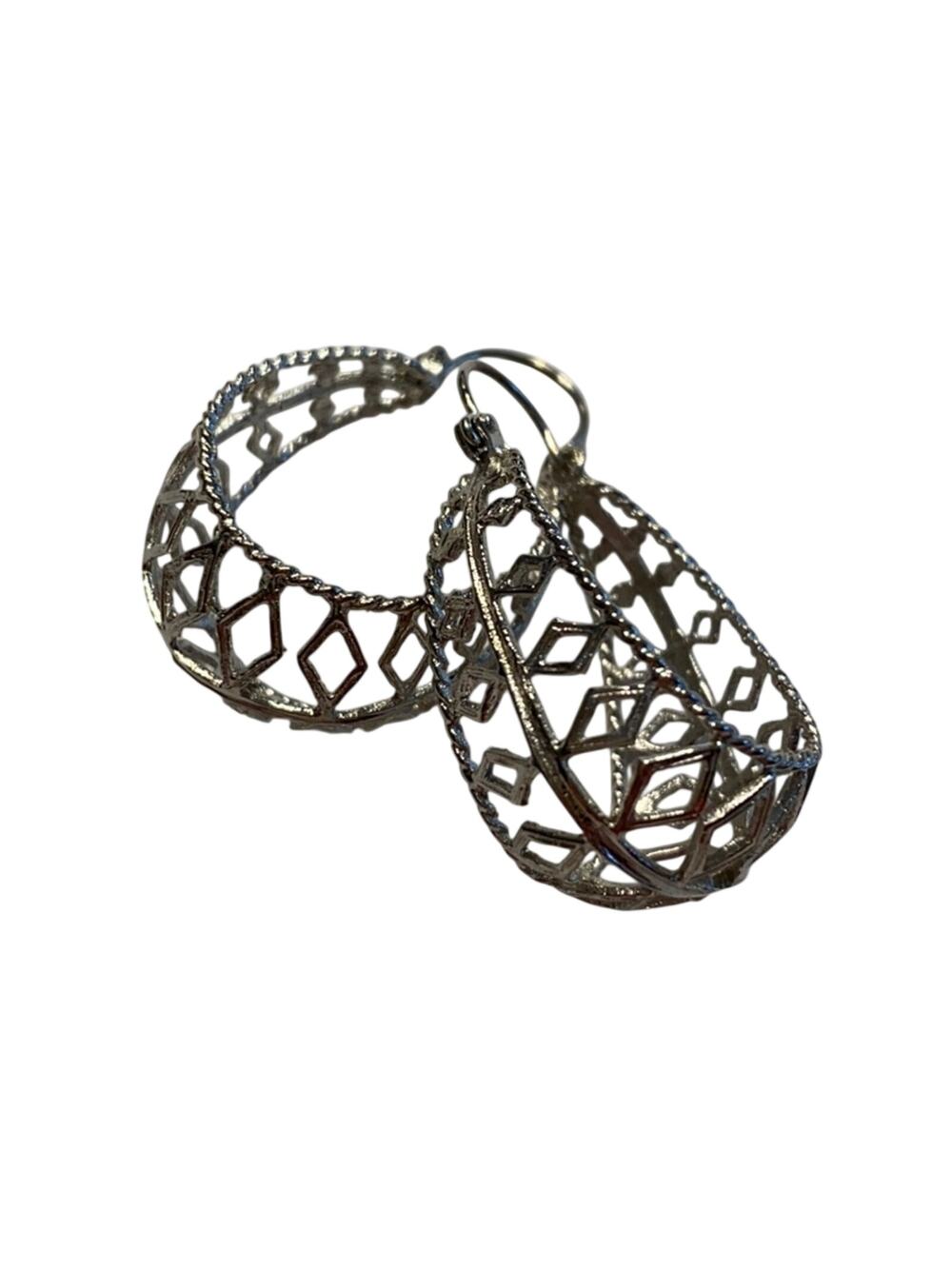 Silver filigree pierced hoop earrings long ovals french wires Boho romantic